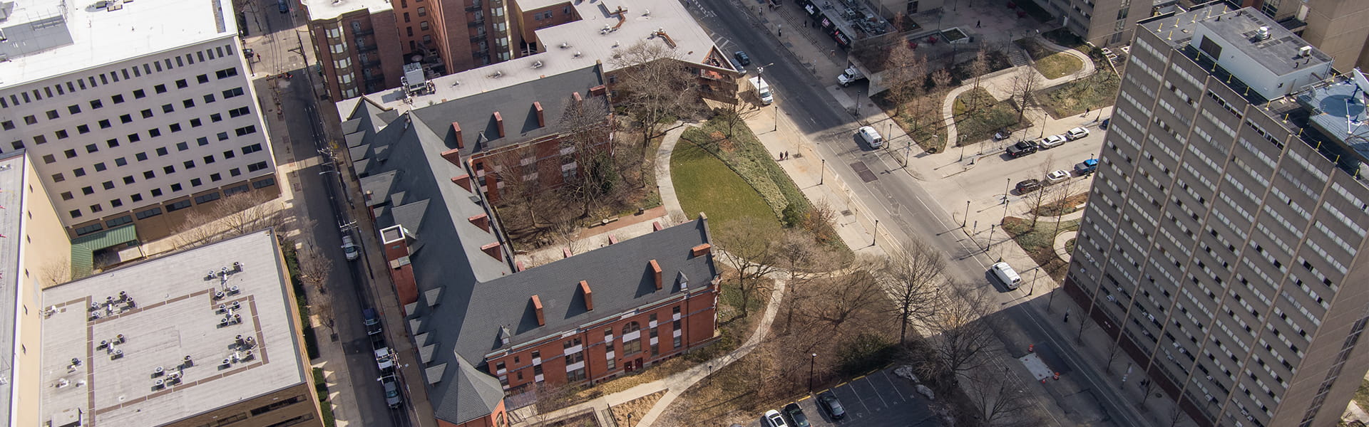 Aerial photo of The Ralston Center's 133-year historic building in the center of the University of Pennsylvania